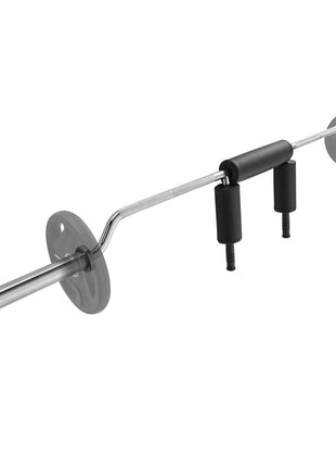 Silver Olympic barbell with black rubber grips and weight plate holders, ideal for strength training and bodybuilding.