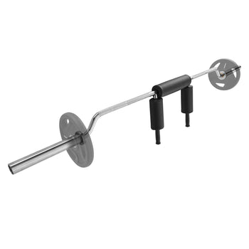 Silver Olympic barbell with black rubber grips and weight plate holders, ideal for strength training and bodybuilding.