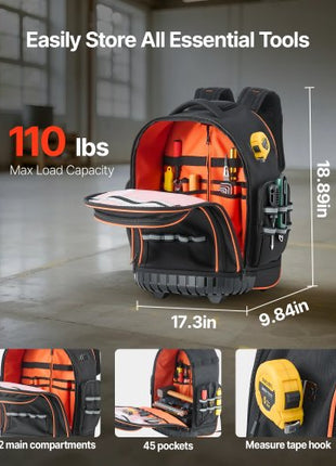 Rolling Tool Backpack, 110 lbs Load Capacity, 45 Pockets Heavy Duty Roller Tool Bag on Wheels, Adjustable Telescoping Handle & Stable Base, Toolbag Organizers for Construction, Mechanic