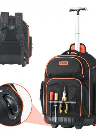 Rolling Tool Backpack, 110 lbs Load Capacity, 45 Pockets Heavy Duty Roller Tool Bag on Wheels, Adjustable Telescoping Handle & Stable Base, Toolbag Organizers for Construction, Mechanic