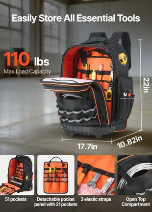 Rolling Tool Backpack, 110 lbs Load Capacity, 72 Pockets Heavy Duty Roller Tool Bag on Wheels, Adjustable Telescoping Handle & Stable Base, Toolbag Organizers for Construction, Mechanic