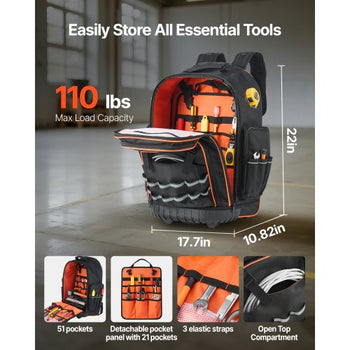 Rolling Tool Backpack, 110 lbs Load Capacity, 72 Pockets Heavy Duty Roller Tool Bag on Wheels, Adjustable Telescoping Handle & Stable Base, Toolbag Organizers for Construction, Mechanic