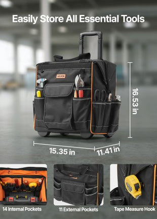 Rolling Tool Bag, 110 lbs Load Capacity, 25 Pockets Heavy Duty Roller Tool Bag on Wheels, Adjustable Telescoping Handle & Stable Base, Toolbag Organizers with Wheels for Construction, Mechanic