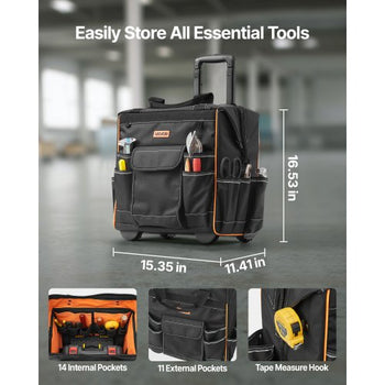 Rolling Tool Bag, 110 lbs Load Capacity, 25 Pockets Heavy Duty Roller Tool Bag on Wheels, Adjustable Telescoping Handle & Stable Base, Toolbag Organizers with Wheels for Construction, Mechanic