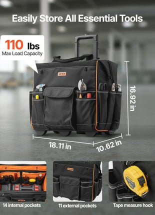 Rolling Tool Bag, 110 lbs Load Capacity, 25 Pockets Heavy Duty Roller Tool Bag with Adjustable Telescoping Handle & Stable Base, Toolbag Organizers with Wheels for Electrician, Construction