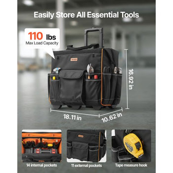 Rolling Tool Bag, 110 lbs Load Capacity, 25 Pockets Heavy Duty Roller Tool Bag with Adjustable Telescoping Handle & Stable Base, Toolbag Organizers with Wheels for Electrician, Construction