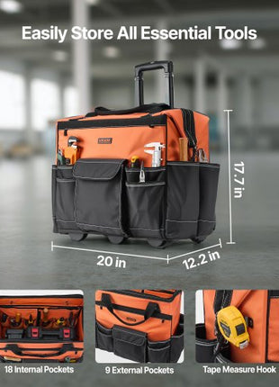 Rolling Tool Bag, 110 lbs Load Capacity, 27 Pockets Heavy Duty Roller Tool Bag on Wheels, Adjustable Telescoping Handle & Stable Base, Toolbag Organizers with Wheels for Construction, Mechanic