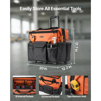 Rolling Tool Bag, 110 lbs Load Capacity, 27 Pockets Heavy Duty Roller Tool Bag on Wheels, Adjustable Telescoping Handle & Stable Base, Toolbag Organizers with Wheels for Construction, Mechanic