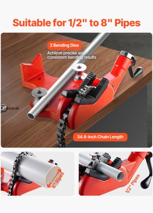 Heavy-Duty Pipe Chain Vise, 1/2" - 8" Pipe Capacity, 34.6" Rugged Chain & Cast Iron Base, Industrial-Grade Pipe Clamping for Plumbing, Automotive Repairs, Metalworking