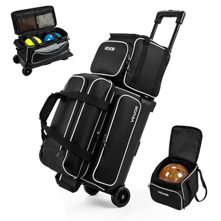 3 Ball Bowling Bag Double Roller Bag with Separate Shoe Compartment, for Bowling Shoes (Up To US Men Size 16), Rolling Ball Bag w/ Wheel, Accessory Pocket, Retractable Handle Extends to 40 in
