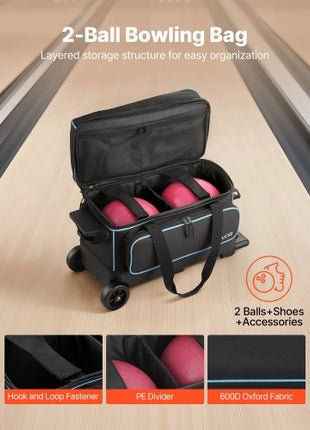 Bowling Ball Bag, 2 Ball Double Roller Bowling Bag with Wheels, Featuring a Separate Compartment for Shoes (Up To US Size 16) & Oversized Accessory Pocket, Retractable Handle Extends to 41.32 in