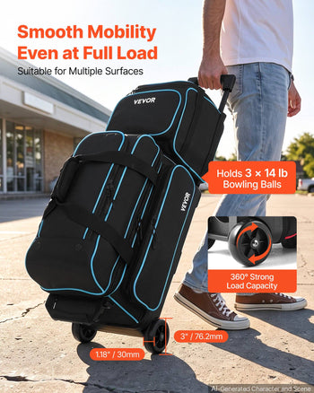 3 Ball Bowling Bag Double Roller Bag with Separate Shoe Compartment, for Bowling Shoes (Up To US Men Size 16), Rolling Ball Bag w/ Wheel, Accessory Pocket, Retractable Handle Extends to 40 in