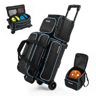 3 Ball Bowling Bag Double Roller Bag with Separate Shoe Compartment, for Bowling Shoes (Up To US Men Size 16), Rolling Ball Bag w/ Wheel, Accessory Pocket, Retractable Handle Extends to 40 in