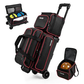 3 Ball Bowling Bag Double Roller Bag with Separate Shoe Compartment, for Bowling Shoes (Up To US Men Size 16), Rolling Ball Bag w/ Wheel, Accessory Pocket, Retractable Handle Extends to 40 in
