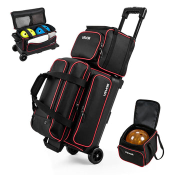 3 Ball Bowling Bag Double Roller Bag with Separate Shoe Compartment, for Bowling Shoes (Up To US Men Size 16), Rolling Ball Bag w/ Wheel, Accessory Pocket, Retractable Handle Extends to 40 in