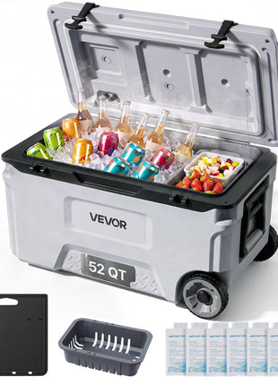 Hard Cooler, 52QT Portable Rolling Cooler with Wheels, Leak-Resistant Coolbox Keeps Contents Cool for 48 Hours, Ice Retention Insulated Chests, Ultra-Light for Outdoor Picnics, Grill, Camping