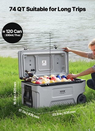 Portable Cooler, 74 QT Wheeled Cooler with Ice Retention, Heavy-Duty Handles and Cup Holder, Lightweight Rigid Material Insulated Portable Cooler, Suitable for Family Picnics and Long Trips