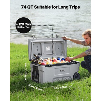 Portable Cooler, 74 QT Wheeled Cooler with Ice Retention, Heavy-Duty Handles and Cup Holder, Lightweight Rigid Material Insulated Portable Cooler, Suitable for Family Picnics and Long Trips