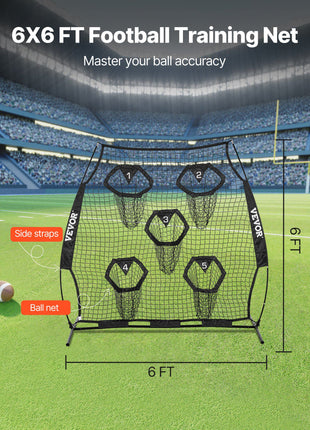 6 x 6 ft Football Trainer Throwing Net, Training Throwing Target Practice Net with 5 Target Pockets, Knotless Net Includes Straps and Portable Carry Case, Improve QB Throwing Accuracy, Black