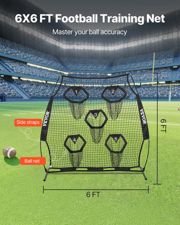 6 x 6 ft Football Trainer Throwing Net, Training Throwing Target Practice Net with 5 Target Pockets, Knotless Net Includes Straps and Portable Carry Case, Improve QB Throwing Accuracy, Black