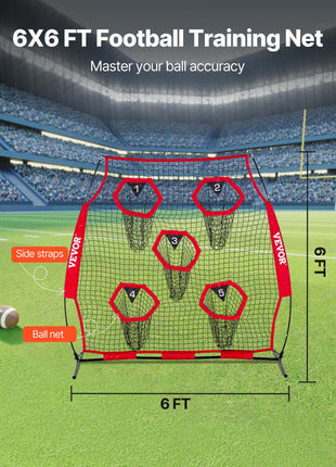 6 x 6 ft Football Trainer Throwing Net, Training Throwing Target Practice Net with 5 Target Pockets, Knotless Net Includes Straps and Portable Carry Case, Improve QB Throwing Accuracy, Red