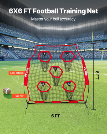 6 x 6 ft Football Trainer Throwing Net, Training Throwing Target Practice Net with 5 Target Pockets, Knotless Net Includes Straps and Portable Carry Case, Improve QB Throwing Accuracy, Red