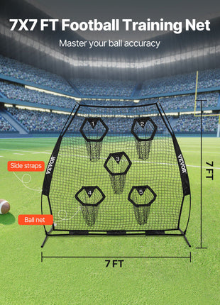 7 x 7 ft Football Trainer Throwing Net, Training Throwing Target Practice Net with 5 Target Pockets, Knotless Net Includes Straps and Portable Carry Case, Improve QB Throwing Accuracy, Black
