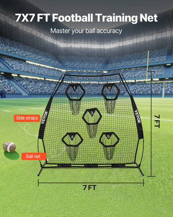 7 x 7 ft Football Trainer Throwing Net, Training Throwing Target Practice Net with 5 Target Pockets, Knotless Net Includes Straps and Portable Carry Case, Improve QB Throwing Accuracy, Black