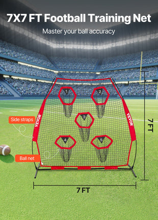 7 x 7 ft Football Trainer Throwing Net, Training Throwing Target Practice Net with 5 Target Pockets, Knotless Net Includes Straps and Portable Carry Case, Improve QB Throwing Accuracy, Red