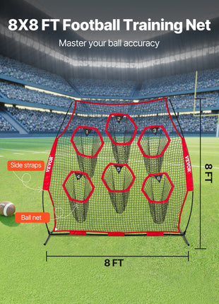 8 x 8 ft Football Trainer Throwing Net, Training Throwing Target Practice Net with 6 Target Pockets, Knotless Net Includes Straps and Portable Carry Case, Improve QB Throwing Accuracy, Red