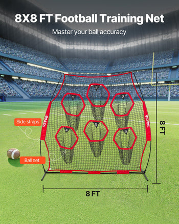 8 x 8 ft Football Trainer Throwing Net, Training Throwing Target Practice Net with 6 Target Pockets, Knotless Net Includes Straps and Portable Carry Case, Improve QB Throwing Accuracy, Red