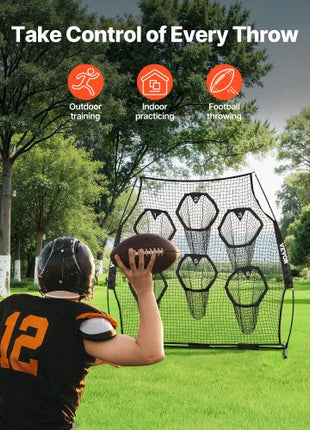 8 x 8 ft Football Trainer Throwing Net, Training Throwing Target Practice Net with 6 Target Pockets, Knotless Net Includes Straps and Portable Carry Case, Improve QB Throwing Accuracy, Black