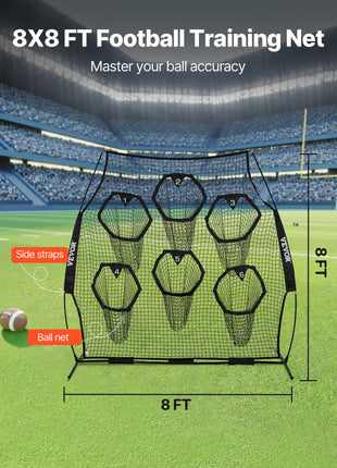 8 x 8 ft Football Trainer Throwing Net, Training Throwing Target Practice Net with 6 Target Pockets, Knotless Net Includes Straps and Portable Carry Case, Improve QB Throwing Accuracy, Black