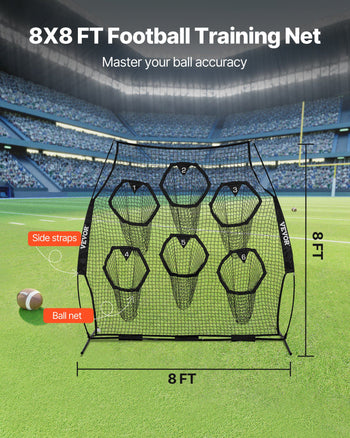 8 x 8 ft Football Trainer Throwing Net, Training Throwing Target Practice Net with 6 Target Pockets, Knotless Net Includes Straps and Portable Carry Case, Improve QB Throwing Accuracy, Black