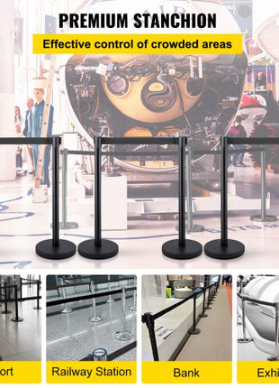 6 PCS Black Stanchion Posts Stainless Steel Stanchion Queue Post Black Belt Retractable 36In for Both Indoor and Outdoor use.