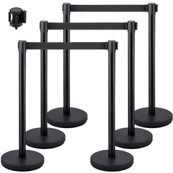 6 PCS Black Stanchion Posts Stainless Steel Stanchion Queue Post Black Belt Retractable 36In for Both Indoor and Outdoor use.