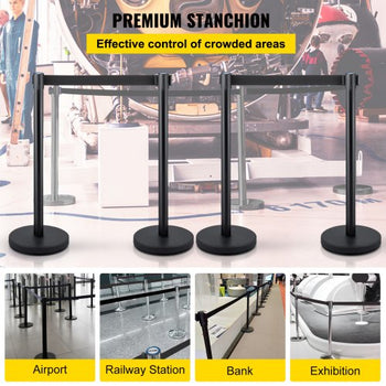 Crowd Control Stanchion, Set of 4 Pieces Stanchion Set, Stanchion Set with 6.6 ft/2 m Black Retractable Belt, Black Crowd Control Barrier with Concrete and Metal Base  Easy Connect Assembly
