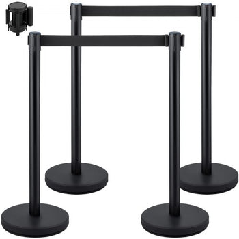Crowd Control Stanchion, Set of 4 Pieces Stanchion Set, Stanchion Set with 6.6 ft/2 m Black Retractable Belt, Black Crowd Control Barrier with Concrete and Metal Base  Easy Connect Assembly