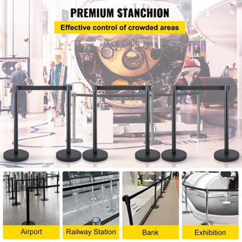 Crowd Control Stanchion, Set of 6 Pieces Stanchion Set, Stanchion Set with 6.6 ft/2 m Black Retractable Belt, Black Crowd Control Barrier with Concrete and Metal Base - Easy Connect Assembly