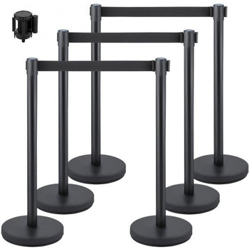 Crowd Control Stanchion, Set of 6 Pieces Stanchion Set, Stanchion Set with 6.6 ft/2 m Black Retractable Belt, Black Crowd Control Barrier with Concrete and Metal Base - Easy Connect Assembly