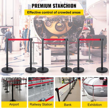 Crowd Control Stanchion, Set of 6 Pieces Stanchion Set, Stanchion Set with 6.6 ft/2 m Red Retractable Belt, Crowd Control Barrier with Rubber Base  Easy Connect Assembly for Crowd Control (Blac