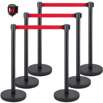 Crowd Control Stanchion, Set of 6 Pieces Stanchion Set, Stanchion Set with 6.6 ft/2 m Red Retractable Belt, Crowd Control Barrier with Rubber Base  Easy Connect Assembly for Crowd Control (Blac