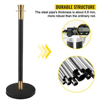 Crowd Control Stanchion, Set of 6 Pieces Stanchion Set, Stanchion Set with 5 ft/1.5 m Black Velvet Rope, Black Crowd Control Barrier with Sturdy Concrete and Metal Base  Easy Connect Assembly