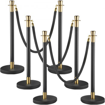 Crowd Control Stanchion, Set of 6 Pieces Stanchion Set, Stanchion Set with 5 ft/1.5 m Black Velvet Rope, Black Crowd Control Barrier with Sturdy Concrete and Metal Base  Easy Connect Assembly