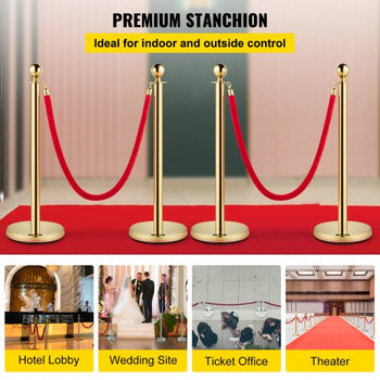 Crowd Control Stanchion, Set of 4 Pieces Stanchion Set, Stanchion Set with 5 ft/1.5 m Red Velvet Rope, Crowd Control Barrier