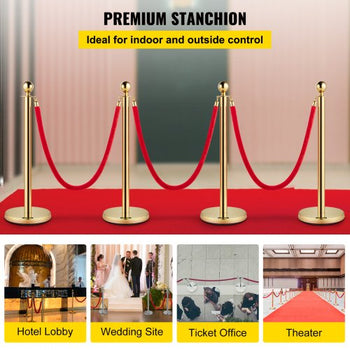 4PCS Gold Stanchion Posts Queue, 38 Inch Red Velvet Rope, Crowd Control Barriers Queue Line Rope, Barriers for Party Supplies