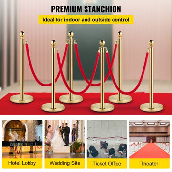 6 PCS Gold Stanchions Posts Stainless Steel Stanchion Queue Post Red Rope Retractable 38In for Both Indoor and Outdoor use.