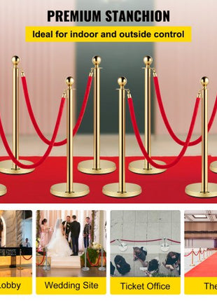 Crowd Control Stanchion, Set of 8 Pieces Stanchion Set, Stanchion Set with 5 ft/1.5 m Red Velvet Rope, Gold Crowd Control Barrier with Sturdy Concrete and Metal Base  Easy Connect Assembly