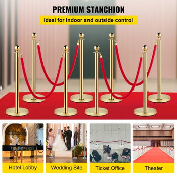 Crowd Control Stanchion, Set of 8 Pieces Stanchion Set, Stanchion Set with 5 ft/1.5 m Red Velvet Rope, Gold Crowd Control Barrier with Sturdy Concrete and Metal Base  Easy Connect Assembly
