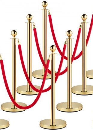 Crowd Control Stanchion, Set of 8 Pieces Stanchion Set, Stanchion Set with 5 ft/1.5 m Red Velvet Rope, Gold Crowd Control Barrier with Sturdy Concrete and Metal Base  Easy Connect Assembly